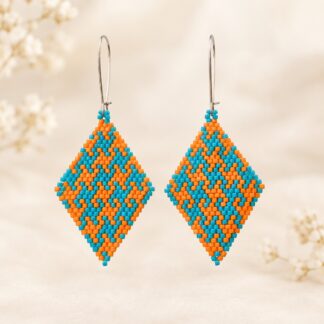 Handgemaakte Oorbellen “Houndstooth” Orange/Turquoise