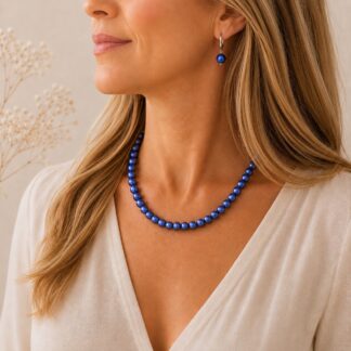 Handgemaakt Collier Swarovski Dark Blue 10mm + Oorbellen