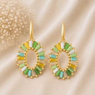 Handgemaakte ovale Oorhangers Groen/Geel gefaceteerd crystal