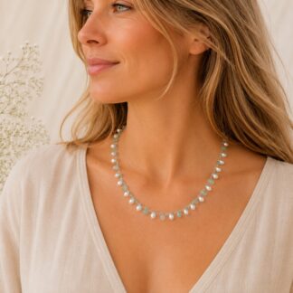 Gehaakte ketting in 2 kleuren - Grijs/Chrysolyt Opal 53 cm